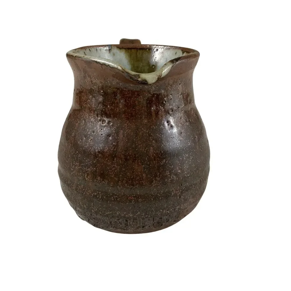 Stoneware Pottery Pitcher Small Hand Thrown Brown Gray Speckled Glaze Signed SB